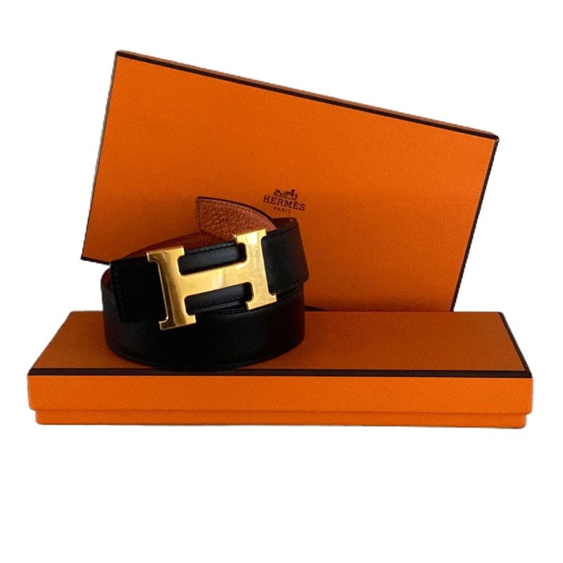 Cinto Hermès Constance Dupla face preto e laranja