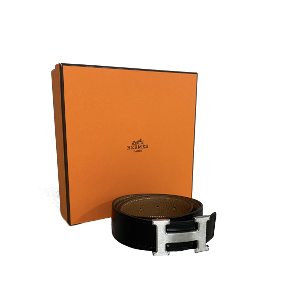 Cinto Hermès H Box Preto e Caramelo Togo