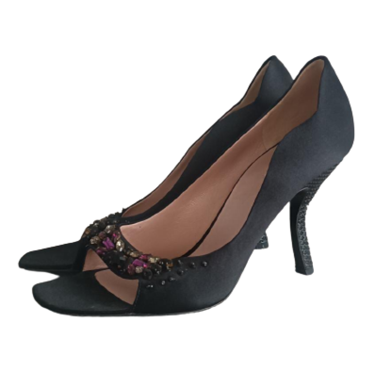 Peep Toe Prada Cetim Preto Pedraria - 36 Peep Toe Prada Cetim Preto Pedraria - 36