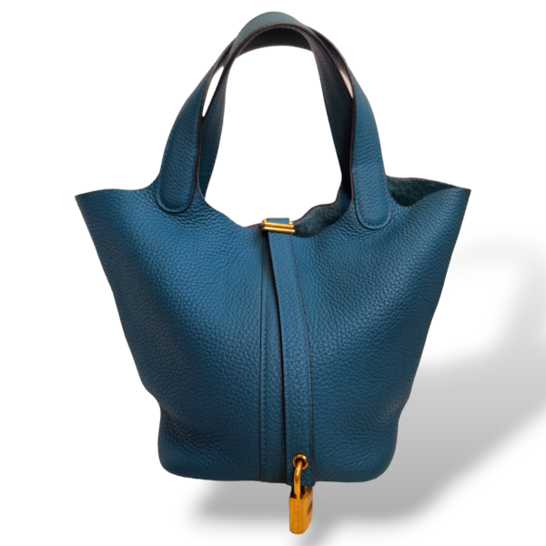 Bolsa Hermès Picotin 18 Clémence Vert Bosphore Ferragem Gold