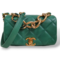Bolsa Chanel Mini Flap Verde Couro Lambskin Ferragem Dourada 