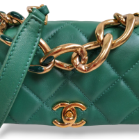 Bolsa Chanel Mini Flap Verde Couro Lambskin Ferragem Dourada 
