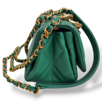 Bolsa Chanel Mini Flap Verde Couro Lambskin Ferragem Dourada 