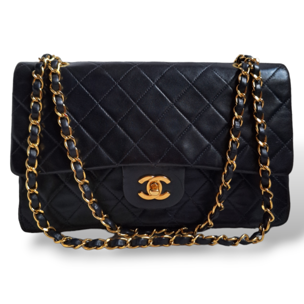 Bolsa Chanel Double Flap Preta Vintage Ferragens Douradas