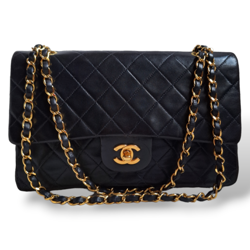 Bolsa Chanel Double Flap Preta Vintage Ferragens Douradas
