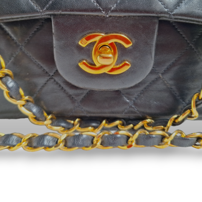 Bolsa Chanel Double Flap Preta Vintage Ferragens Douradas