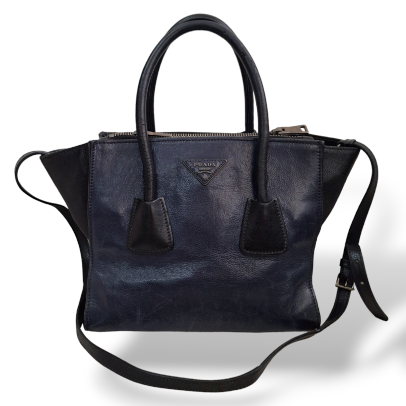 Bolsa Prada Glace Calf Twin Pocket Tote Preta e Azul Marinho Bolsa Prada Glace Calf Twin Pocket Tote Preta e Azul Marinho