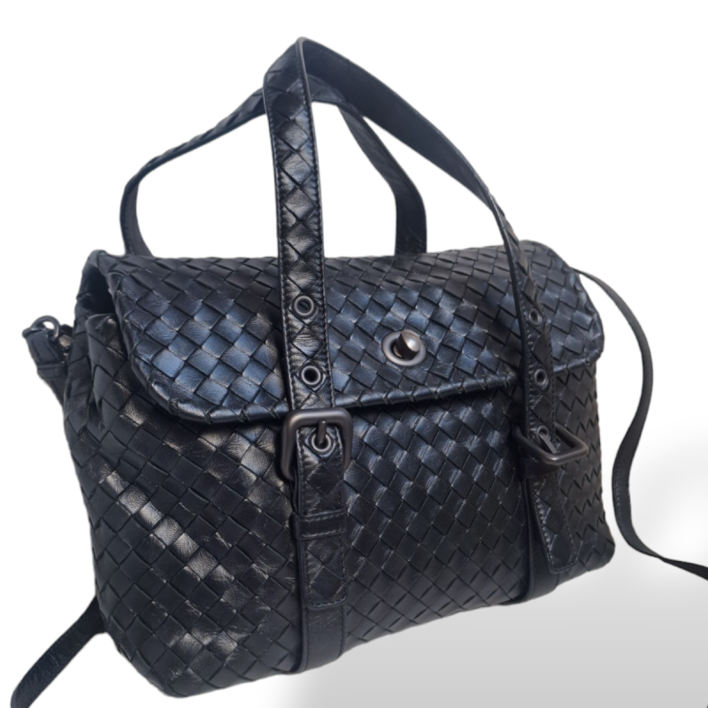 Bolsa Bottega Veneta Intrecciato Turnlock Flap Preto