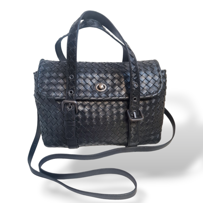 Bolsa Bottega Veneta Intrecciato Turnlock Flap Preto
