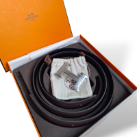 Cinto Hermès Dupla Face Preto e Café com Fivela Palladium-90