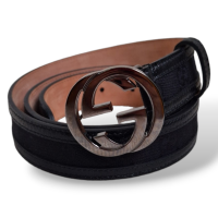 Cinto Gucci Monograma Preto com Fivela Prata-90