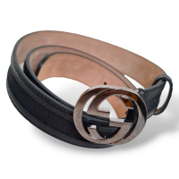 Cinto Gucci Monograma Preto com Fivela Prata-90