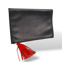 Clutch Carolina Herrera Preta, Taupe com Tassel Vermelho 