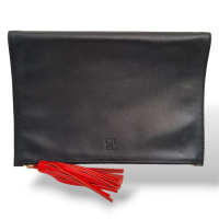 Clutch Carolina Herrera Preta, Taupe com Tassel Vermelho 