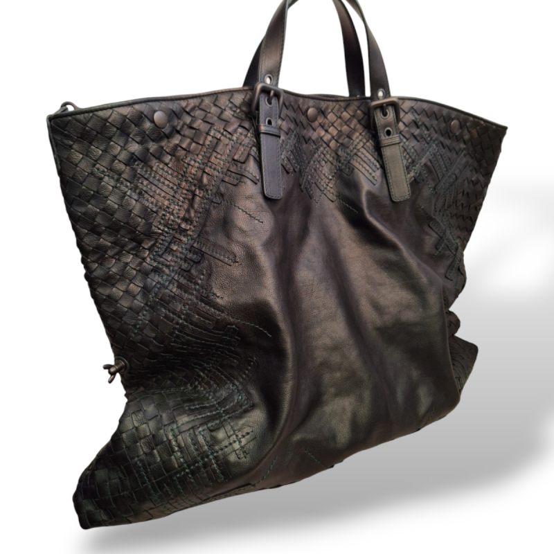 Bolsa Bottega Veneta Intrecciato Convertible Tote Preta com Costuras Verde 