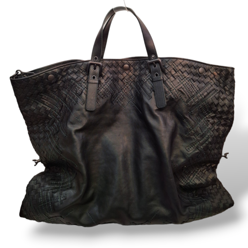 Bolsa Bottega Veneta Intrecciato Convertible Tote Preta com Costuras Verde 
