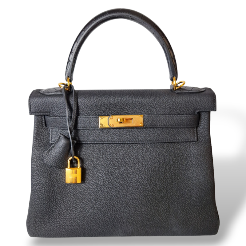 Bolsa Hermès Kelly 28 Couro Togo Preto Ferragem Dourada