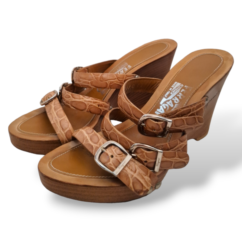Anabela Salvatore Ferragamo de Madeira com Croco-34 Anabela Salvatore Ferragamo de Madeira com Croco-34