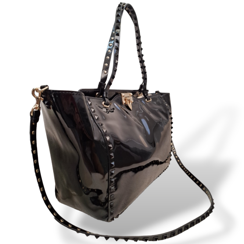 Bolsa Valentino Tote Rockstud em Verniz Preta 