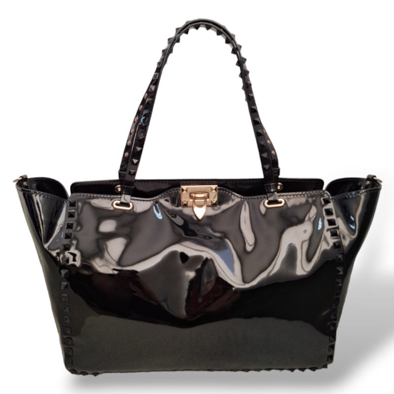 Bolsa Valentino Tote Rockstud em Verniz Preta 