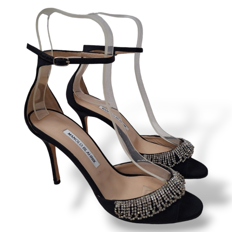 Sandália Manolo Blahnik em Cetim Preta com Strass-36 Sandália Manolo Blahnik em Cetim Preta com Strass-36