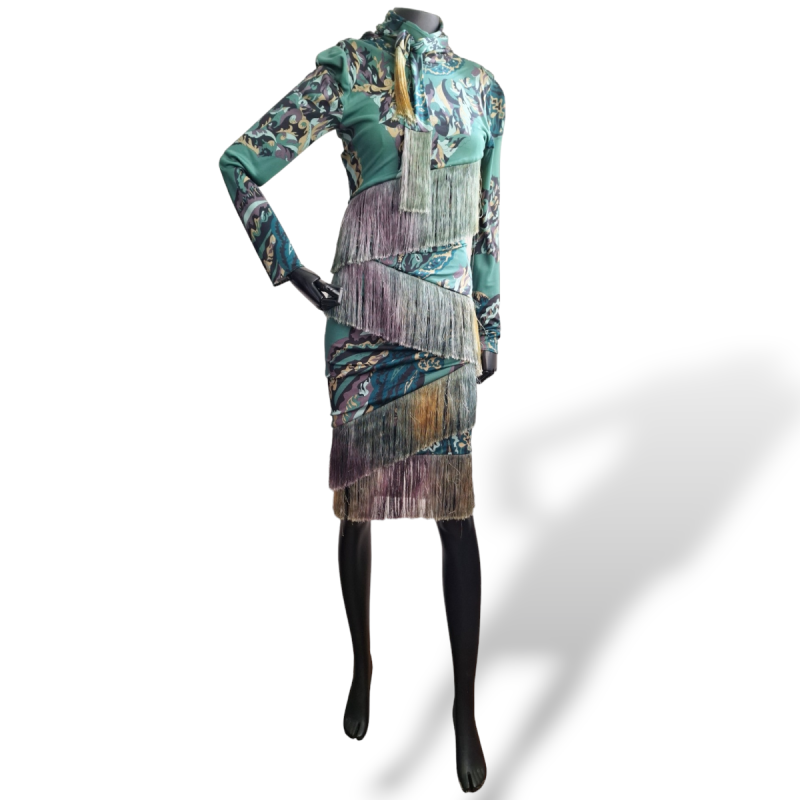 Vestido Emilio Pucci Franjas Verde Estampado - 36 Vestido Emilio Pucci Franjas Verde Estampado - 36
