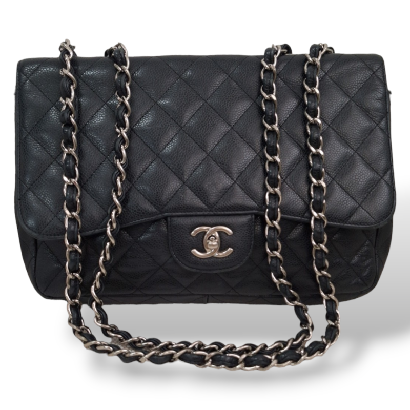 Bolsa Chanel Clássica Jumbo Single Flap Caviar Preta com Ferragens Prata