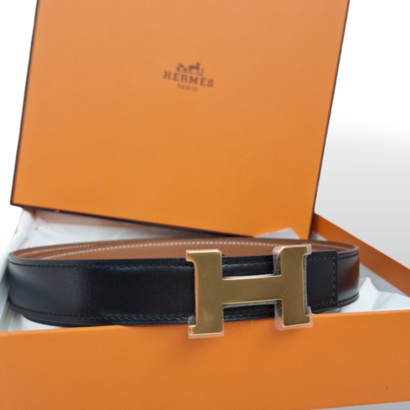 Cinto Hermès Dupla Face Preto e Caramelo com Fivela Dourada