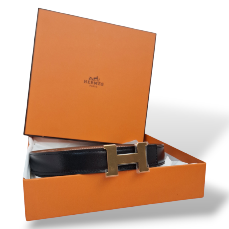Cinto Hermès Dupla Face Preto e Caramelo com Fivela Dourada