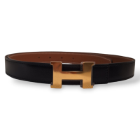 Cinto Hermès Dupla Face Preto e Caramelo com Fivela Dourada