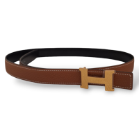 Cinto Hermès Dupla Face Preto e Caramelo com Fivela Dourada