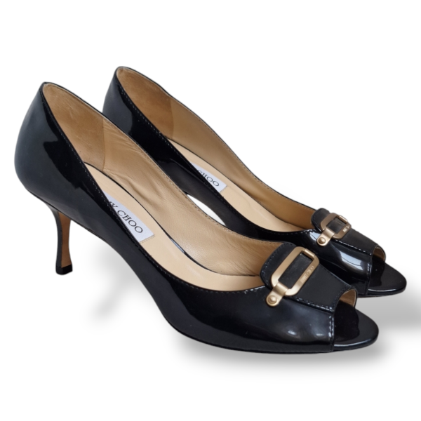 Scarpin Jimmy Choo Verniz Preto Fivela Dourada