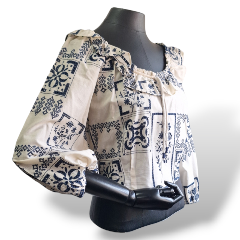 Blusa Cris Barros Bordado Azul e Branco-40 Blusa Cris Barros Bordado Azul e Branco-40