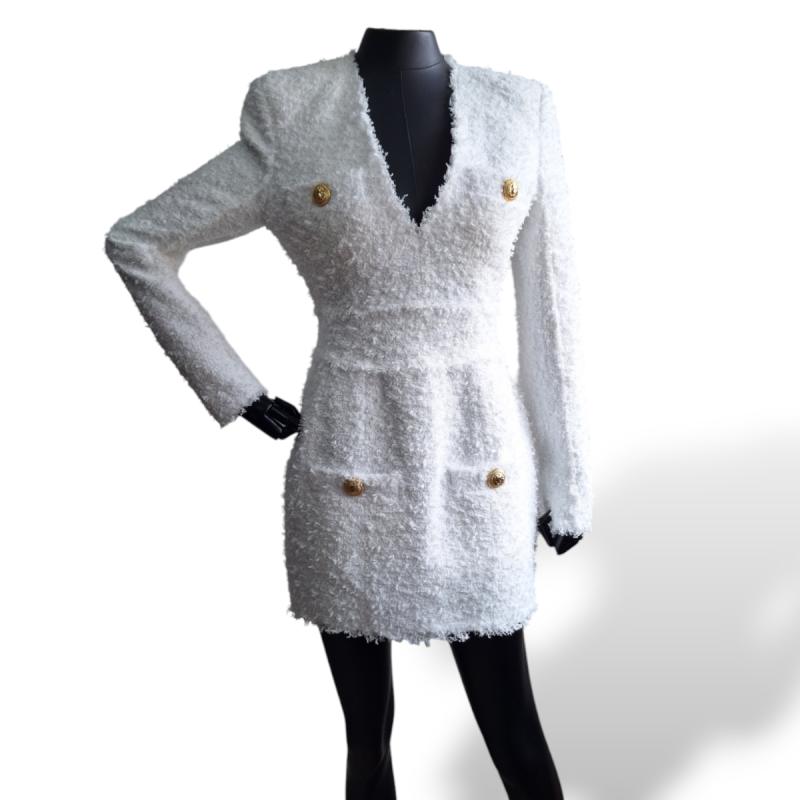 Vestido Balmain Bouclé Branco com Botões Dourados-36 Vestido Balmain Bouclé Branco com Botões Dourados-36