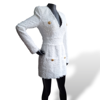 Vestido Balmain Bouclé Branco com Botões Dourados-36