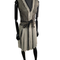 Vestido Bottega Veneta Seda Nude Renda Preta-40