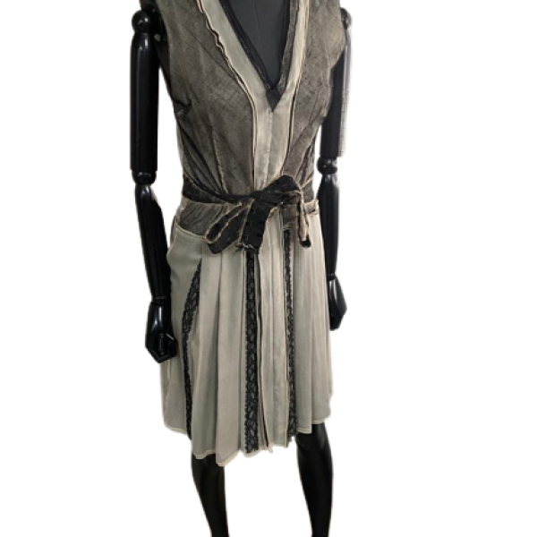 Vestido Bottega Veneta Seda Nude Renda Preta-40 Vestido Bottega Veneta Seda Nude Renda Preta-40