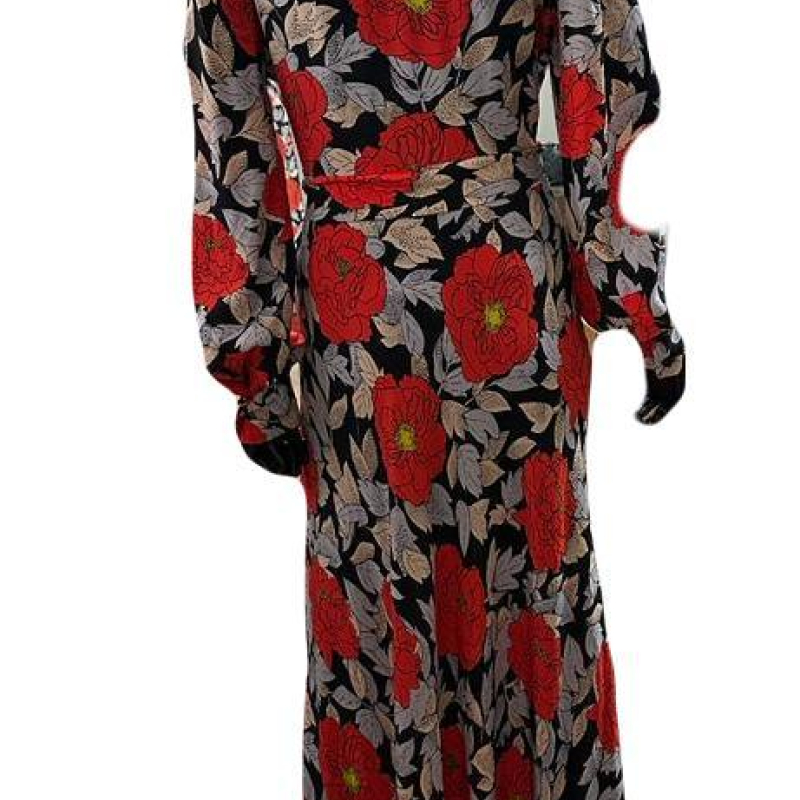 Vestido Diane Von Furstenberg Seda Florido Vermelho e Preto-40