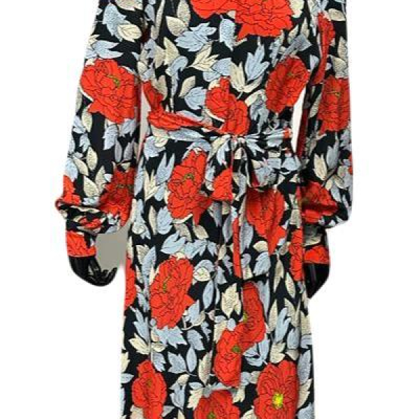 Vestido Diane Von Furstenberg Seda Florido Vermelho e Preto-40