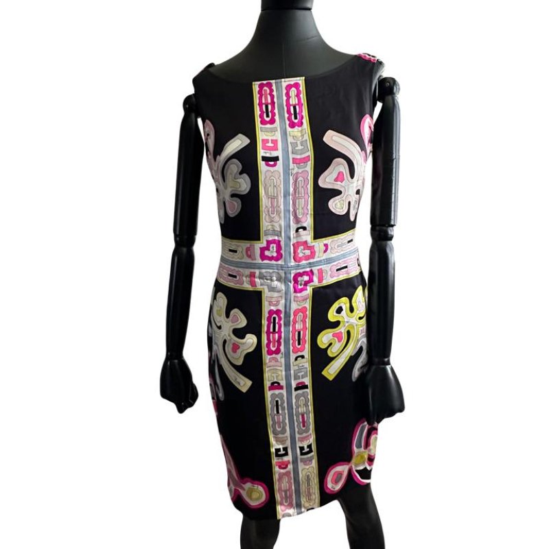 Vestido Emilio Pucci Seda Preto Detalhe Estampado Rosa e Amarelo-38